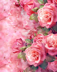 Digital Painting of Pink Roses with Watercolor Background
