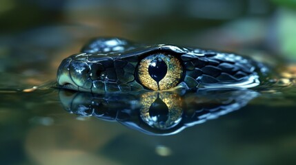 Fototapeta premium Close-up of a snake's eye partially submerged in water.