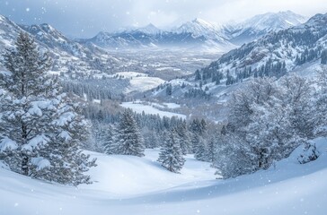 Fototapeta premium Serene Winter Landscape with Snow-Covered Mountains, Evergreen Trees, and a Captivating Valley Under a Cloudy Sky During a Gentle Snowfall