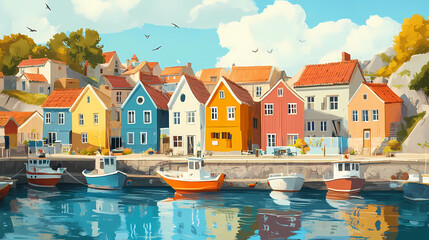 The seaside village with colorful houses and boats docked at the harbor evokes the charm of travel destinations and a sense of adventure. Harbor. Illustration