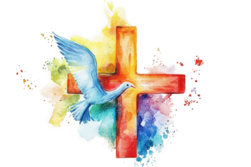 a watercolor illustration of a dove flying towards a red cross. symbolizing peace. hope. and faith the background is a colorful watercolor wash with splashes of color