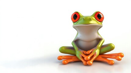 Fototapeta premium Stylized 3D Green Frog Sitting Calmly on a White Surface Render. AI Generated
