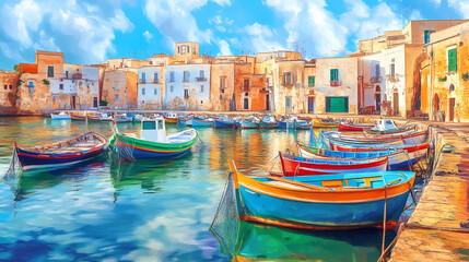 Fototapeta premium Vibrant colorful boats and nets line the sun-kissed harbor in gallipoli, apulia, italy, with a catch of fresh fish awaiting sale. Harbor. Illustration