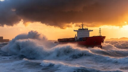 Obraz premium A cargo ship battles turbulent waves under a dramatic sky at sunset, showcasing the power of nature and maritime transport.