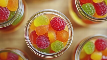 Colorful fruit jellies in glass jars.