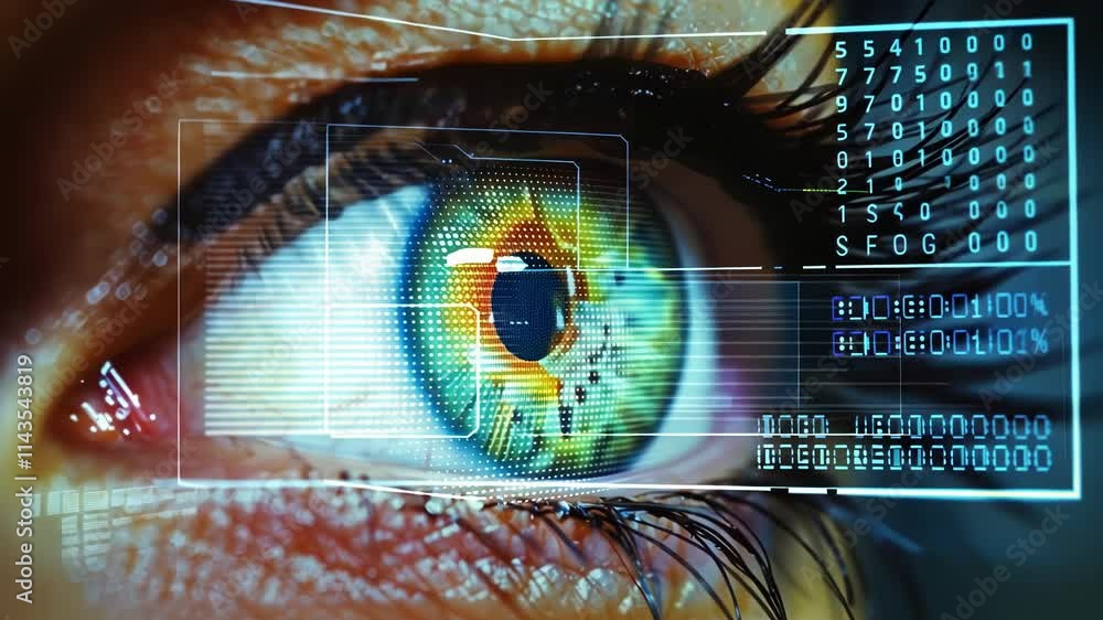 Aufkleber close up of a human eye with futuristic digital interface scanning and processing big data informati