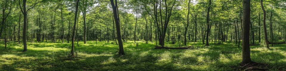 Fototapeta premium Lush Green Birch Forest: A Panoramic Summer Landscape with Majestic White Trees