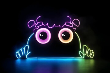 Neon silhouette of a mischievous cartoon monster behind a glowing sign isolated on black background.
