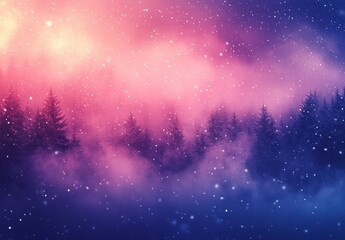 Serene Winter Landscape with Snowfall and Colorful Gradient Sky over Forest, Captivating Scene of Nature&rsquo;s Beauty in Vibrant Hues of Pink and Purple
