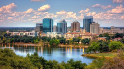 Fototapeta premium A vibrant city skyline reflecting on a calm river, surrounded by lush greenery and a clear blue sky with fluffy clouds. The scene captures urban life and natural beauty harmoniously.