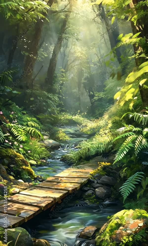 Poster explore a serene forest path with sunlight streaming through lush greenery and a gentle stream flowi