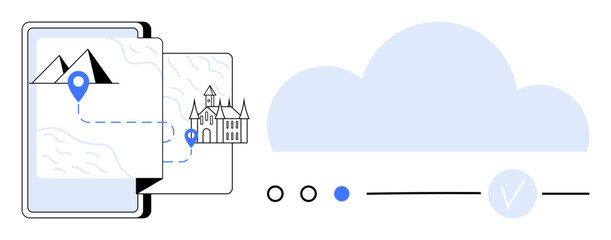 Mobile device displaying route to castle with map and location marker. Progress bar and syncing cloud in background. Ideal for travel, navigation apps, tourism, technology, cloud storage, landmarks