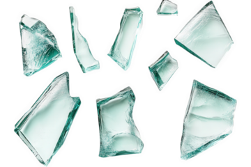 a scattered collection of sharp. translucent shards of broken glass isolated on a transparent background