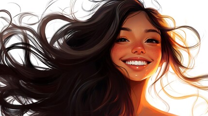Naklejka premium Joyful Digital Painting of a Woman with Flowing Black Hair. AI Generated