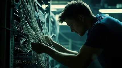Man Working with Cables in Dark Server Room