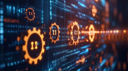 Fototapeta premium Automation Software background. Gears icons made with binary code. IOT and Automation concept. Digital binary data and streaming digital code. Matrix background with digits 1.0. Vector Illustration.