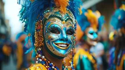 A person in vibrant costume and mask smiles during a festive celebration.