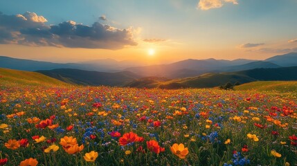 Fototapeta premium Sunset wildflowers bloom across mountain valley.