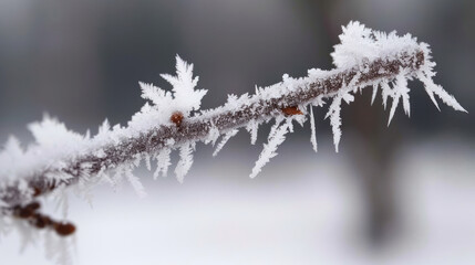 Obraz premium Branch covered in ice crystals, close-up shot with blurred winter background, delicate and detailed