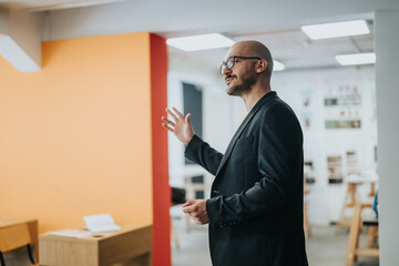 A teacher enthusiastically interacts with high school students in a bright, modern classroom....