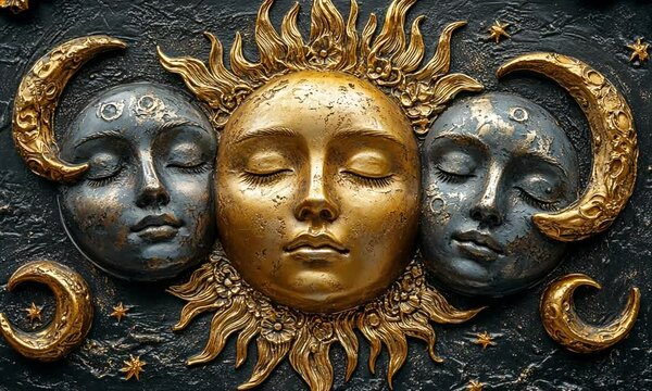Decorative relief featuring sun and moon faces with stars.