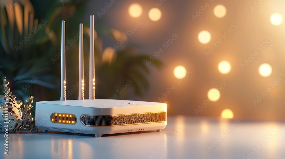 Poster sophisticated wireless router with multiple antennas placed on a pristine white surface showcasing a