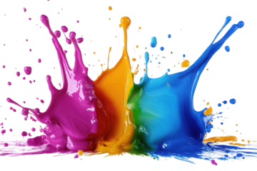 a vibrant splash of pink. yellow. green. and blue paint against a transparent background the paint is splattered and has a dynamic. artistic feel