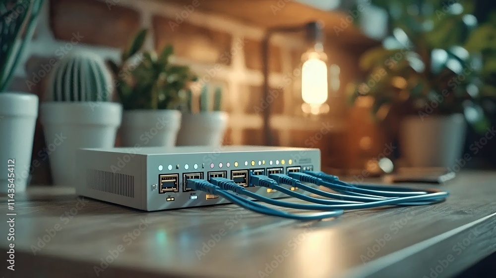 Poster highly detailed professional shot of an ethernet network switch device with several blue internet ca
