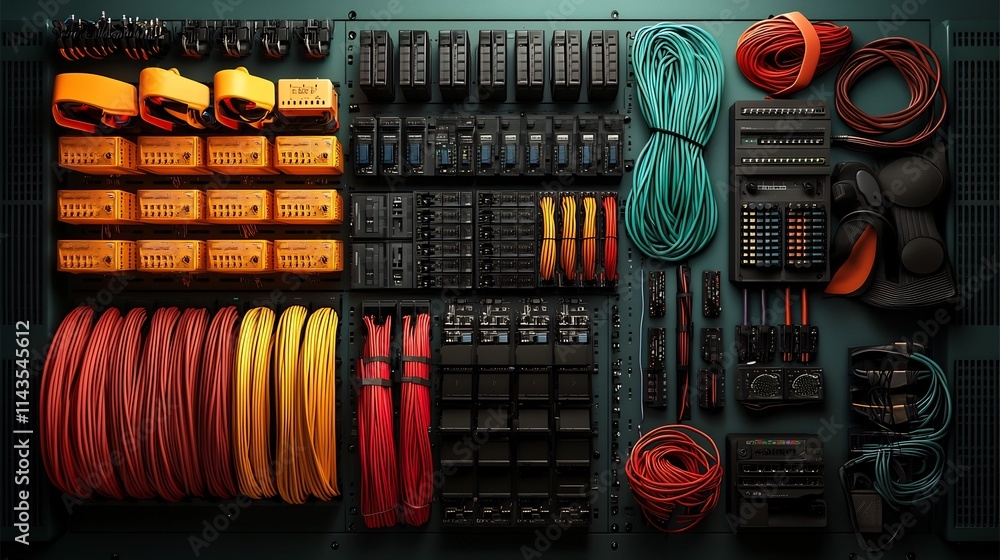 Poster close up image of a network patch panel with a tidy arrangement of colorful ethernet cables and netw