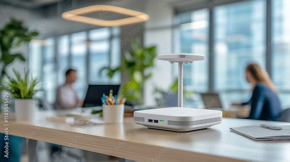 Poster a clear shot of a wireless access point mounted on a modern office ceiling with a blurred background