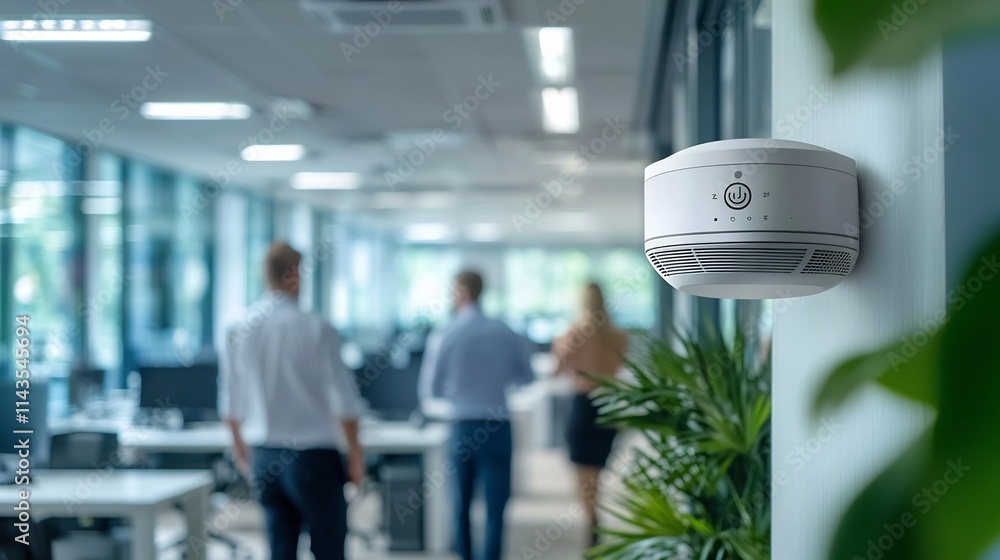 Poster closeup view of a wireless access point or router mounted on a contemporary office ceiling with blur