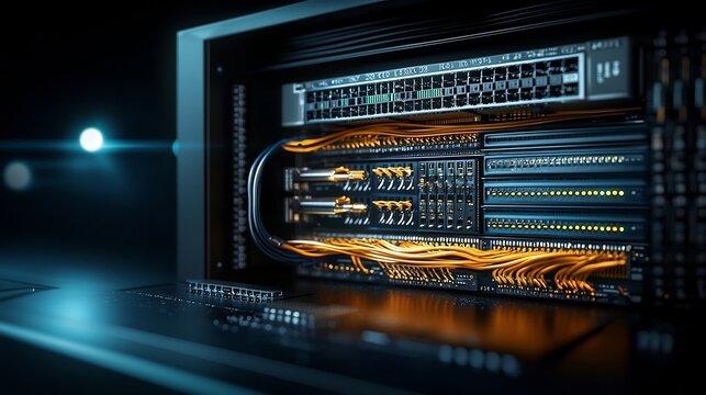 Closeup image of a neatly arranged network patch panel with colorful organized cables under bright studio lighting