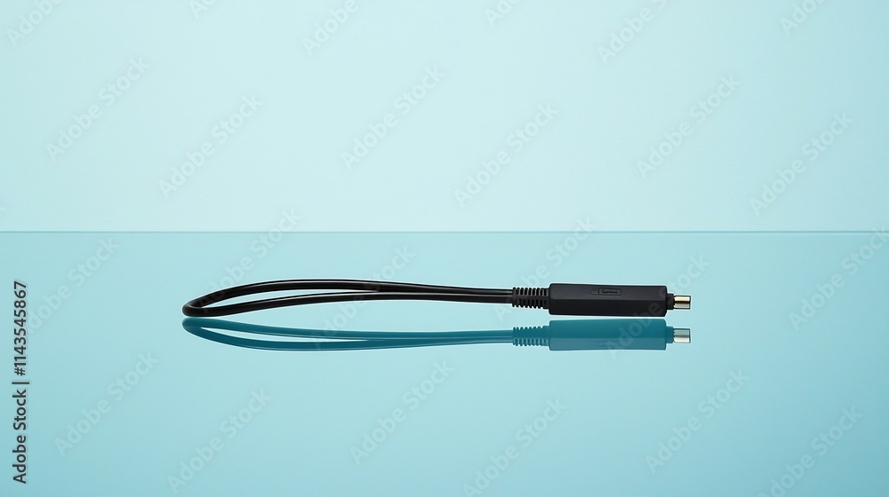 Poster a clean and modern image showcasing a network cable tester device placed on a sleek reflective surfa