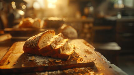 Bread slice close-up, airy crumb with natural light, rustic kitchen setting, warm tones, inviting mood