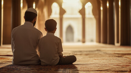 Father and son sitting while studying together in the mosque
