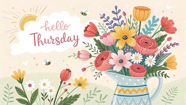 Hello Thursday Floral Greeting Card   Spring Flowers in Pitcher  Happy Thursday Illustrati