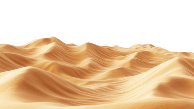 a panoramic view of a desert landscape with rolling sand dunes and a clear blue sky the sand is a soft. warm brown color and the dunes are gently sloping