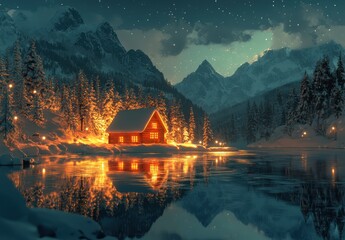 Fototapeta premium Serene Winter Wonderland with Cozy Cabin Reflecting in Still Water Under Starry Sky and Majestic Snow-Capped Mountains Surrounded by Pine Trees