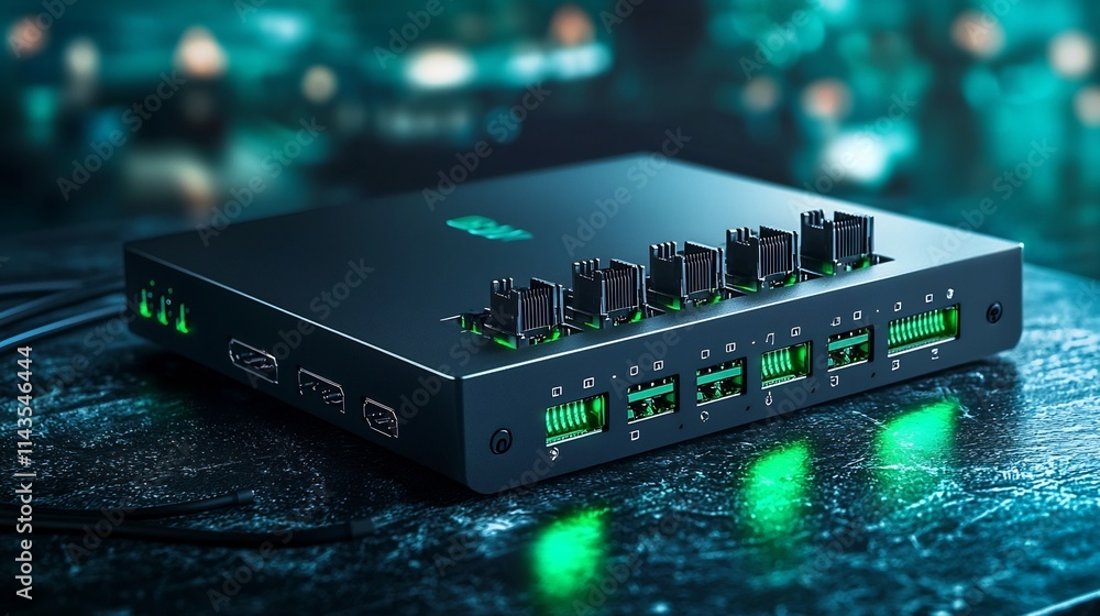 Poster vibrant and modern image of a network hub with multiple data ports and glowing green led lights show