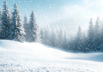 Serene Winter Wonderland with Glistening Snowflakes and Evergreen Trees in a Tranquil Snowy Landscape Captured in Soft Light