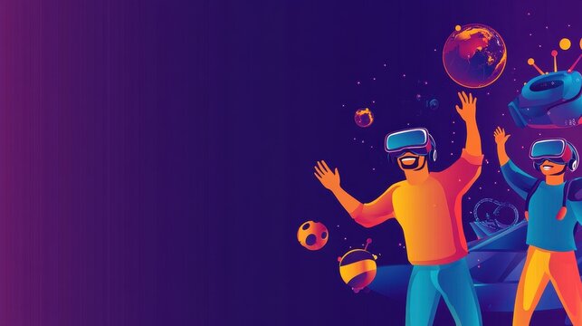 A vibrant virtual reality gaming setup with empty space on the left side for text, showcasing players using VR headsets, immersive virtual environments, and dynamic gameplay elements. Ideal 