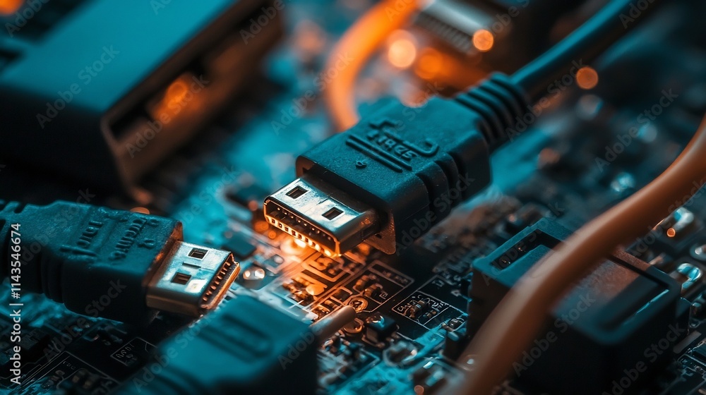 Poster close up detailed image of a network splitter device with multiple ethernet ports and various colore