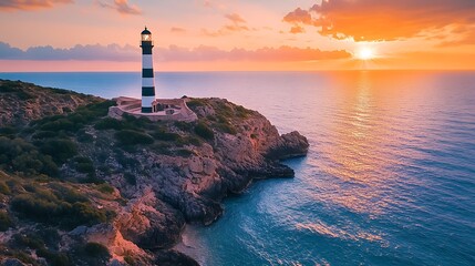 Fototapeta premium Lighthouse at Sunset on the Mediterranean Coast, Spain. AI Generated