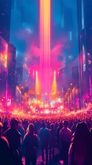 Fototapeta premium A vibrant concert scene with colorful lights and a large crowd enjoying the performance.
