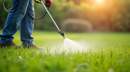 Person in blue jeans spraying herbicide on a lush green lawn during a sunny day