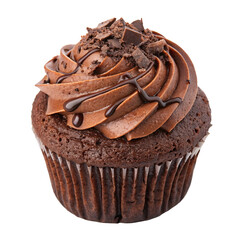 Chocolate cupcake topped with creamy frosting, chocolate drizzle, and sprinkles on a transparent...