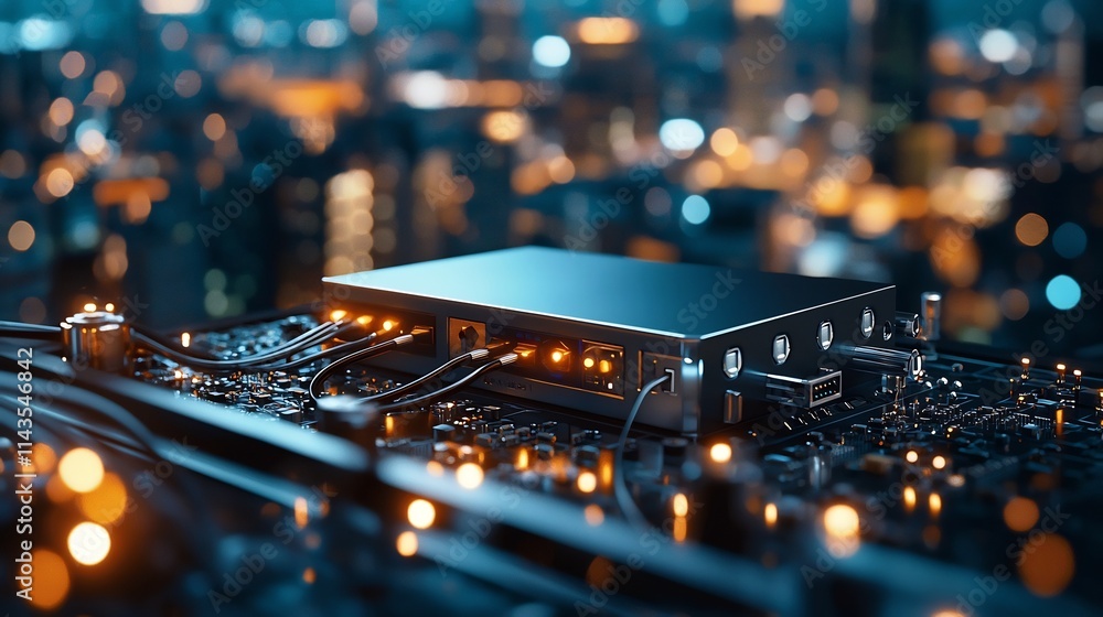 Poster a contemporary image showcasing a power over ethernet poe injector device placed on a table with a b