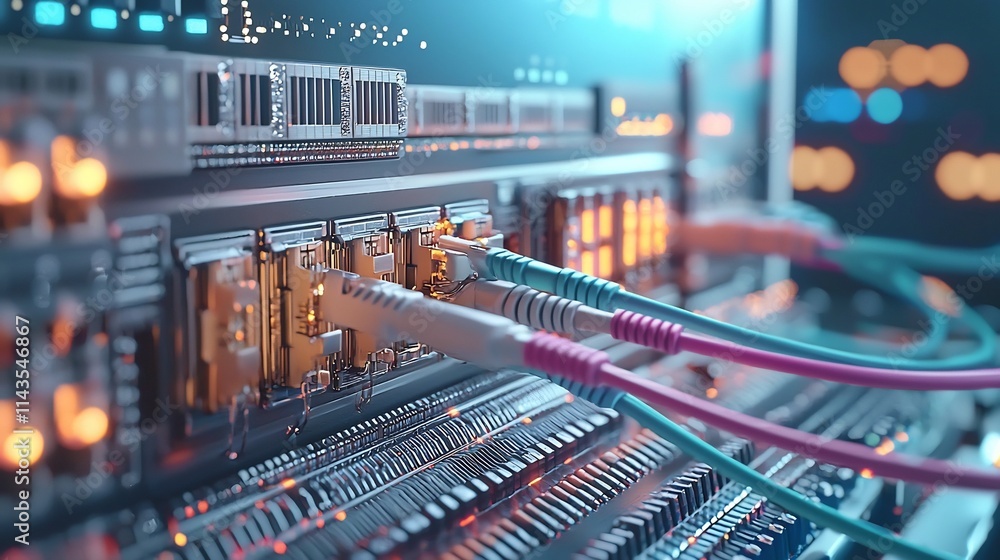 Poster closeup image showcasing a network splitter with multiple ethernet ports and colorful data cables co
