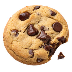 A close-up of a chocolate chip cookie with a bite taken out, showing its texture, on a transparent...
