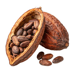 Cocoa pods with beans displayed on a transparent background, showcasing raw cocoa seeds in a...